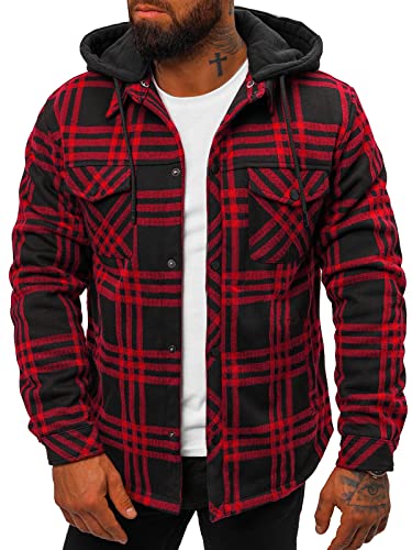 OZONEE Herren Flanell Jacke Hemd Flanellhemd Übergangsjacke Übergang Jacken Herbst Kapuze Kapuzenjacke Leichte Outdoor Jacket Holzfäller Lumberjack O/3A91Z/4 SCHWARZ-ROT S von OZONEE