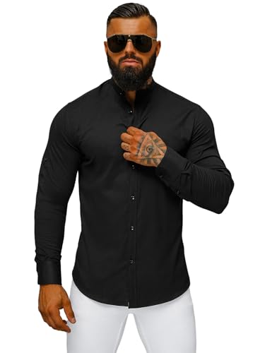 OZONEE Herren Hemd Freizeithemd Shirt Langarm Tailored Fit Flanellhemd Langarmhemd Langärmliges Slim Fit Freizeit Business Männer Jungen Trachtenhemd O/V121Z SCHWARZ L von OZONEE