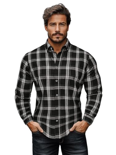 OZONEE Herren Hemd Freizeithemd Shirt Langarm Tailored Fit Flanellhemd Langarmhemd Langärmliges Slim Fit Freizeit Business Männer Jungen Trachtenhemd O/V131Z SCHWARZ L von OZONEE