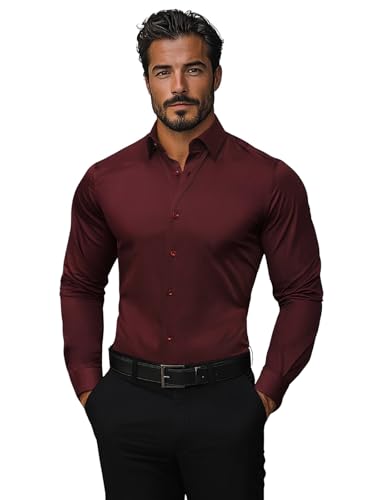 OZONEE Herren Hemd Freizeithemd Shirt Langarm Tailored Fit Flanellhemd Langarmhemd Langärmliges Slim Fit Freizeit Business Männer Trachtenhemd O/V138Z WEINROT XL von OZONEE