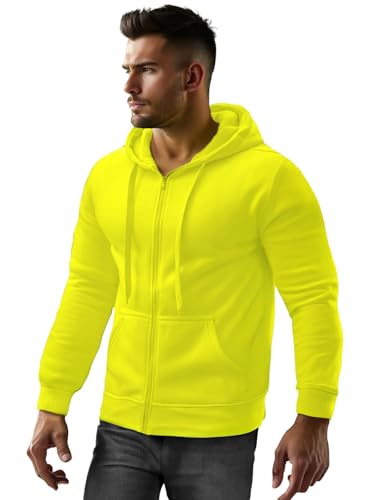 OZONEE Herren Hoodie Sweatjacke Kapuzenpullover Sweatshirt Farbvarianten Kapuzenjacke Kapuzenpulli mit Reißverschluss Langarm Sport Style Casual Fitness Training Basic 777/7547B GELB-NEON XL von OZONEE