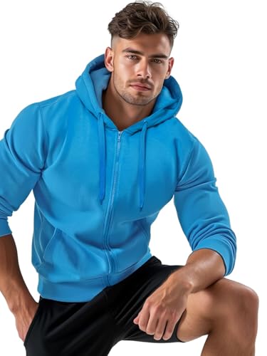 OZONEE Herren Hoodie Sweatjacke Kapuzenpullover Sweatshirt Farbvarianten Kapuzenjacke Kapuzenpulli mit Reißverschluss Langarm Sport Style Casual Fitness Training Basic 777/7547B HIMMELBLAU L von OZONEE