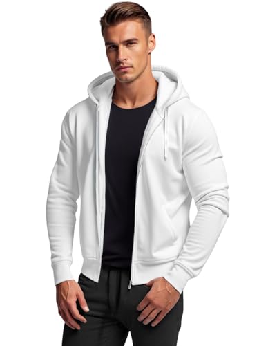OZONEE Herren Hoodie Sweatjacke Kapuzenpullover Sweatshirt Farbvarianten Kapuzenjacke Kapuzenpulli mit Reißverschluss Langarm Sport Style Casual Fitness Training Basic 777/7547B WEIß L von OZONEE