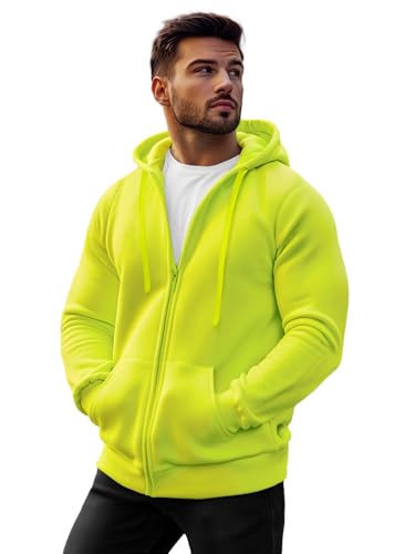 OZONEE Herren Hoodie Sweatjacke Kapuzenpullover Sweatshirt Farbvarianten Kapuzenjacke Kapuzenpulli mit Reißverschluss Langarm Sport Style Casual Fitness Training Basic 777/8524B GELB-NEON XL von OZONEE
