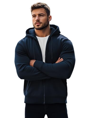 OZONEE Herren Hoodie Sweatjacke Kapuzenpullover Sweatshirt Farbvarianten Kapuzenjacke Kapuzenpulli mit Reißverschluss Langarm Sport Style Casual Fitness Training Basic 777/8524B Marineblau XL von OZONEE