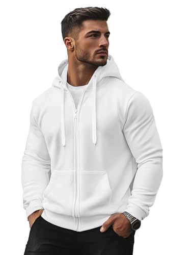 OZONEE Herren Hoodie Sweatjacke Kapuzenpullover Sweatshirt Farbvarianten Kapuzenjacke Kapuzenpulli mit Reißverschluss Langarm Sport Style Casual Fitness Training Basic 777/8524B WEIß XL von OZONEE