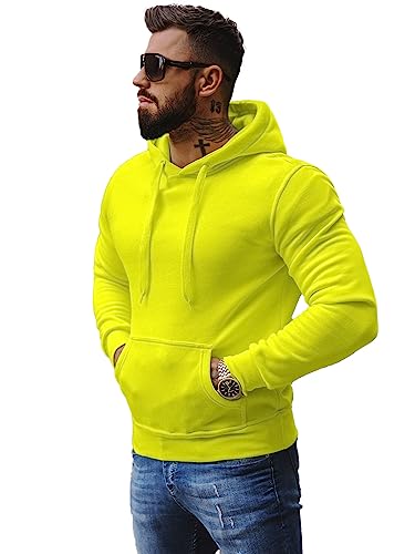 OZONEE Herren Hoodie Sweatjacke Kapuzenpullover Sweatshirt Farbvarianten Kapuzenjacke Kapuzenpulli mit Reißverschluss Langarm Sport Style Casual Fitness Training Basic 777/948B GELB-NEON M von OZONEE