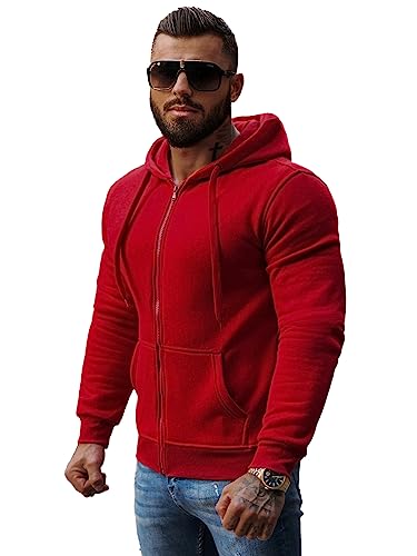 OZONEE Herren Hoodie Sweatjacke Kapuzenpullover Sweatshirt Farbvarianten Kapuzenjacke Kapuzenpulli mit Reißverschluss Langarm Sport Style Casual Fitness Training Basic J.Style 2008 DUNKELROT 2XL von OZONEE