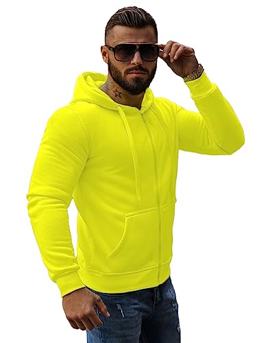 OZONEE Herren Hoodie Sweatjacke Kapuzenpullover Sweatshirt Farbvarianten Kapuzenjacke Kapuzenpulli mit Reißverschluss Langarm Sport Style Casual Fitness Training Basic J.Style 2008 GELB-NEON 2XL von OZONEE