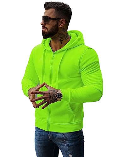 OZONEE Herren Hoodie Sweatjacke Kapuzenpullover Sweatshirt Farbvarianten Kapuzenjacke Kapuzenpulli mit Reißverschluss Langarm Sport Style Casual Fitness Training Basic J.Style 2008 GRÜN-NEON 2XL von OZONEE