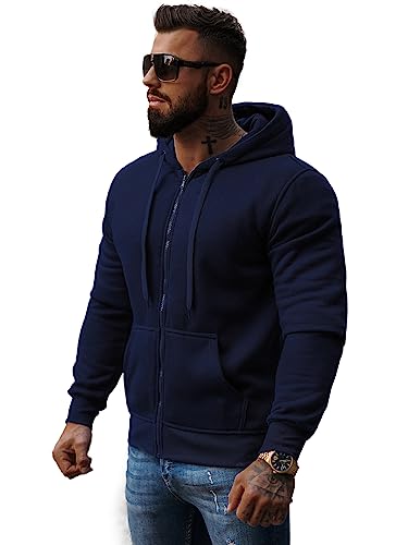 OZONEE Herren Hoodie Sweatjacke Kapuzenpullover Sweatshirt Farbvarianten Kapuzenjacke Kapuzenpulli mit Reißverschluss Langarm Sport Style Casual Fitness Training Basic J.Style 2008 Marineblau L von OZONEE