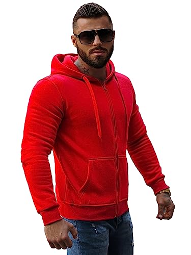 OZONEE Herren Hoodie Sweatjacke Kapuzenpullover Sweatshirt Farbvarianten Kapuzenjacke Kapuzenpulli mit Reißverschluss Langarm Sport Style Casual Fitness Training Basic J.Style 2008 ROT M von OZONEE