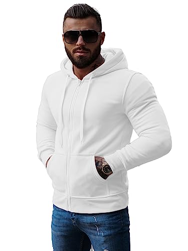 OZONEE Herren Hoodie Sweatjacke Kapuzenpullover Sweatshirt Farbvarianten Kapuzenjacke Kapuzenpulli mit Reißverschluss Langarm Sport Style Casual Fitness Training Basic J.Style 2008 WEIß M von OZONEE