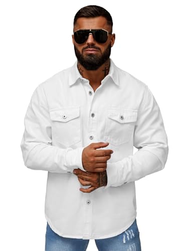 OZONEE Herren Jeanshemd Jeans Hemd Freizeithemd Denim Shirt Langarm Tailored Langarmhemd Langärmliges Regular Fit Freizeit Western BL/CA777Z/2 WEIß S von OZONEE