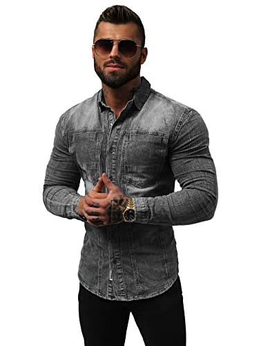 OZONEE Herren Jeanshemd Jeans Hemd Freizeithemd Denim Shirt Langarm Tailored Langarmhemd Langärmliges Regular Fit Freizeit Western NB/MC712GZ GRAU S von OZONEE