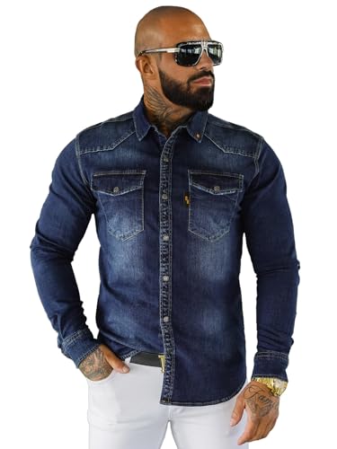 OZONEE Herren Jeanshemd Jeans Hemd Freizeithemd Denim Shirt Langarm Tailored Langarmhemd Langärmliges Regular Fit Freizeit Western O/51410Z BLAU M von OZONEE