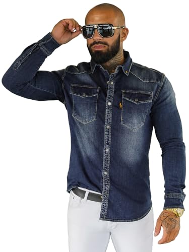 OZONEE Herren Jeanshemd Jeans Hemd Freizeithemd Denim Shirt Langarm Tailored Langarmhemd Langärmliges Regular Fit Freizeit Western O/51410Z DUNKELBLAU M von OZONEE