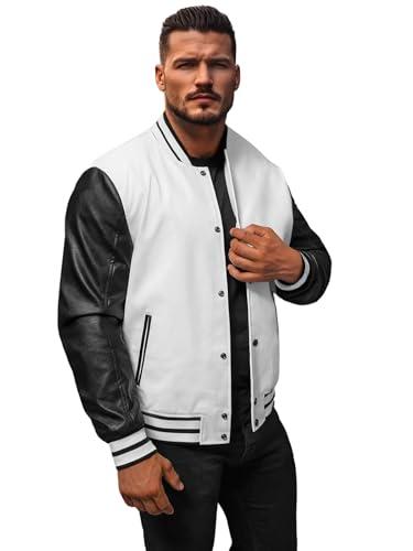OZONEE Herren Lederjacke Kunstlederjacke Kunstleder Farbvarianten Jacke Bikerjacke Übergangsjacke Herrenjacke Leder Echtlederjacke Echtleder Wildleder Biker 777/3868K WEIß-SCHWARZ L von OZONEE