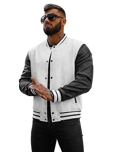 OZONEE Herren Lederjacke Kunstlederjacke Kunstleder Farbvarianten Jacke Bikerjacke Übergangsjacke Herrenjacke Leder Echtlederjacke Echtleder Wildleder Biker 777/6255K WEIß-SCHWARZ XXL von OZONEE
