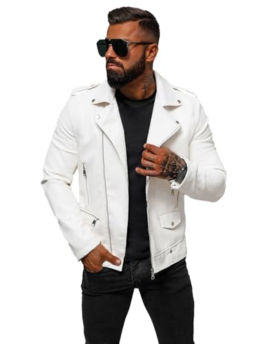 OZONEE Herren Lederjacke Kunstlederjacke Kunstleder Farbvarianten Jacke Bikerjacke Übergangsjacke Herrenjacke Leder Echtlederjacke Echtleder Wildleder Biker O/88121Z WEIß S von OZONEE