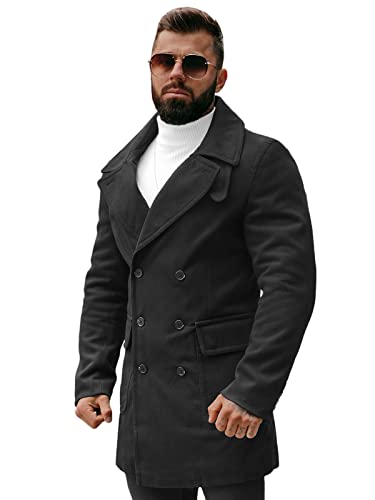 OZONEE Herren Mantel Wintermantel Trenchcoat Farbvarianten Jacke Übergangsjacke Coat Winter Herbst Lang Warm Stehkragen Reverskragen Elegant Klassischer 777/4475P SCHWARZ M von OZONEE