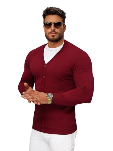 OZONEE Herren Pullover Kurze Strickjacke Cardigan Strick Jacke Strickpullover Arbeitspullover Sweater Herbstpullover Herbst Übergangs Winterpullover Slim Fit Feinstrick 777/3496SW/7 WEINROT M von OZONEE