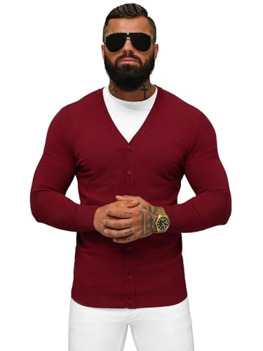 OZONEE Herren Pullover Kurze Strickjacke Cardigan Strick Jacke Strickpullover Arbeitspullover Sweater Herbstpullover Herbst Übergangs Winterpullover Slim Fit Feinstrick NB/MM6006Z/7 WEINROT L von OZONEE