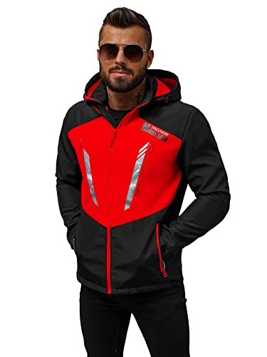 OZONEE Herren Softshell Jacke Regenjacke Wasserdicht Atmungsaktiv Softshelljacke Übergangsjacke Winterjacke Windbreaker Skijacke Winter Kapuze Herrenjacke Outdoor 777/1514K/1C SCHWARZ/ROT L von OZONEE