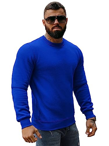 OZONEE Herren Sweatshirt Pullover Langarm Farbvarianten Langarmshirt Pulli ohne Kapuze Baumwolle Baumwollemischung Classic Basic Rundhals-Ausschnitt Sport J. Style 2001-10 L Kobalt von OZONEE