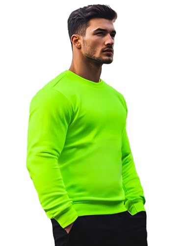 OZONEE Herren Sweatshirt Pullover Langarm Farbvarianten Langarmshirt Pulli ohne Kapuze Baumwolle Baumwollemischung Classic Basic Rundhals-Ausschnitt Sport 777/7238B L GRÜN-NEON von OZONEE