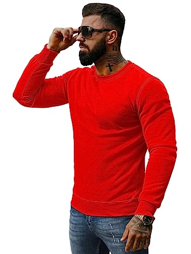 OZONEE Herren Sweatshirt Pullover Langarm Farbvarianten Langarmshirt Pulli ohne Kapuze Baumwolle Baumwollemischung Classic Basic Rundhals-Ausschnitt Sport J. Style 2001-10 2XL ROT von OZONEE