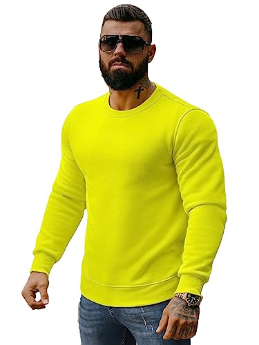 OZONEE Herren Sweatshirt Pullover Langarm Farbvarianten Langarmshirt Pulli ohne Kapuze Baumwolle Baumwollemischung Classic Basic Rundhals-Ausschnitt Sport J. Style 2001-10 L GELB-NEON von OZONEE