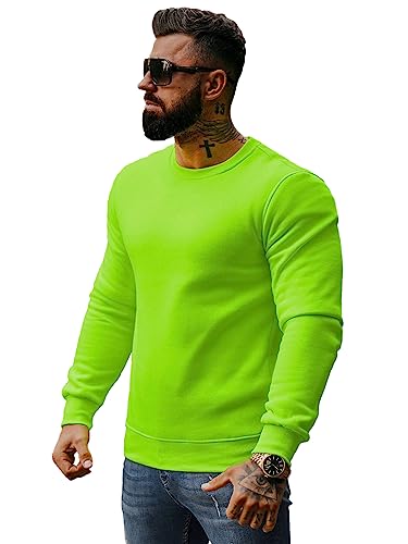 OZONEE Herren Sweatshirt Pullover Langarm Farbvarianten Langarmshirt Pulli ohne Kapuze Baumwolle Baumwollemischung Classic Basic Rundhals-Ausschnitt Sport J. Style 2001-10 L GRÜN-NEON von OZONEE