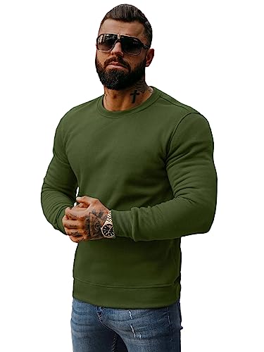 OZONEE Herren Sweatshirt Pullover Langarm Farbvarianten Langarmshirt Pulli ohne Kapuze Baumwolle Baumwollemischung Classic Basic Rundhals-Ausschnitt Sport J. Style 2001-10 L Khaki von OZONEE