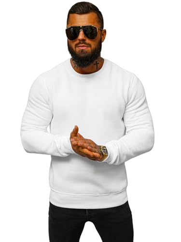 OZONEE Herren Sweatshirt Pullover Langarm Farbvarianten Langarmshirt Pulli ohne Kapuze Baumwolle Baumwollemischung Classic Basic Rundhals-Ausschnitt Sport J. Style 2001-10 L WEIß von OZONEE