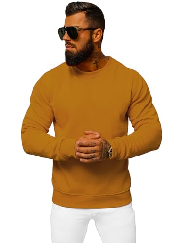 OZONEE Herren Sweatshirt Pullover Langarm Farbvarianten Langarmshirt Pulli ohne Kapuze Baumwolle Baumwollemischung Classic Basic Rundhals-Ausschnitt Sport J. Style 2001-10 XL Camel von OZONEE