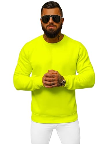 OZONEE Herren Sweatshirt Pullover Langarm Farbvarianten Langarmshirt Pulli ohne Kapuze Baumwolle Baumwollemischung Classic Basic Rundhals-Ausschnitt Sport JS/2001-10Z L GELB-NEON von OZONEE