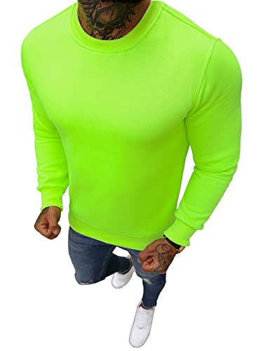 OZONEE Herren Sweatshirt Pullover Langarm Farbvarianten Langarmshirt Pulli ohne Kapuze Baumwolle Baumwollemischung Classic Basic Rundhals-Ausschnitt Sport JS/2001-10Z L GRÜN-NEON von OZONEE