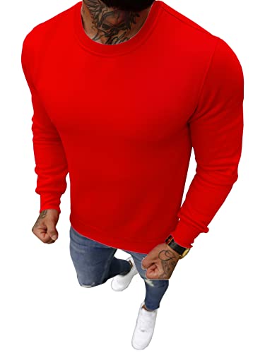 OZONEE Herren Sweatshirt Pullover Langarm Farbvarianten Langarmshirt Pulli ohne Kapuze Baumwolle Baumwollemischung Classic Basic Rundhals-Ausschnitt Sport JS/2001-10Z M ROT von OZONEE