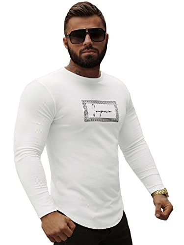 OZONEE Herren Sweatshirt Pullover Langarm Farbvarianten Langarmshirt Pulli ohne Kapuze Baumwolle Baumwollemischung Classic Basic Rundhals-Ausschnitt Sport O/D7192Z WEIß L von OZONEE