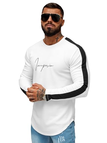 OZONEE Herren Sweatshirt Pullover Langarm Farbvarianten Langarmshirt Pulli ohne Kapuze Baumwolle Baumwollemischung Classic Basic Rundhals-Ausschnitt Sport O/D7197Z WEIß L von OZONEE