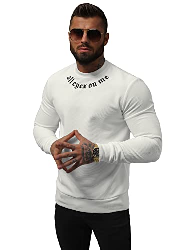 OZONEE Herren Sweatshirt Pullover Langarm Farbvarianten Langarmshirt Pulli ohne Kapuze Baumwolle Baumwollemischung Classic Basic Rundhals-Ausschnitt Sport O/P2027Z WEIß L von OZONEE