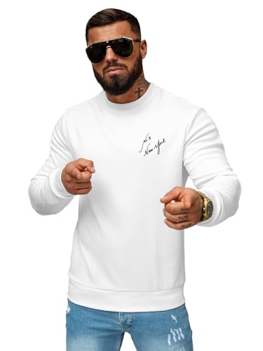 OZONEE Herren Sweatshirt Pullover Langarm Farbvarianten Langarmshirt Pulli ohne Kapuze Baumwolle Baumwollemischung Classic Basic Rundhals-Ausschnitt Sport O/P2031Z WEIß XL von OZONEE