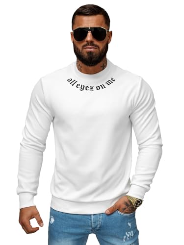 OZONEE Herren Sweatshirt Pullover Langarm Farbvarianten Langarmshirt Pulli ohne Kapuze Baumwolle Baumwollmischung Classic Basic Rundhals-Ausschnitt Sport 777/2627B WEIß M von OZONEE
