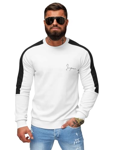 OZONEE Herren Sweatshirt Pullover Langarm Farbvarianten Langarmshirt Pulli ohne Kapuze Baumwolle Baumwollmischung Classic Basic Rundhals-Ausschnitt Sport 777/3054B WEIß L von OZONEE