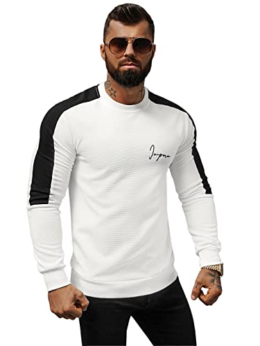 OZONEE Herren Sweatshirt Pullover Langarm Farbvarianten Langarmshirt Pulli ohne Kapuze Baumwolle Baumwollmischung Classic Basic Rundhals-Ausschnitt Sport 777/3054B WEIß M von OZONEE