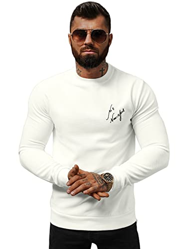 OZONEE Herren Sweatshirt Pullover Langarm Farbvarianten Langarmshirt Pulli ohne Kapuze Baumwolle Baumwollmischung Classic Basic Rundhals-Ausschnitt Sport 777/6875B WEIß M von OZONEE