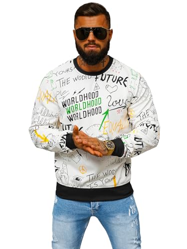 OZONEE Herren Sweatshirt Pullover Langarm Farbvarianten Langarmshirt Pulli ohne Kapuze Baumwolle Baumwollmischung Classic Basic Rundhals-Ausschnitt Sport JS/8B1228Z/1 WEIß M von OZONEE