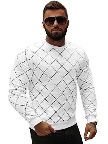 OZONEE Herren Sweatshirt Pullover Langarm Farbvarianten Langarmshirt Pulli ohne Kapuze Baumwolle Baumwollmischung Classic Basic Rundhals-Ausschnitt Sport O/D7459Z WEIß L von OZONEE