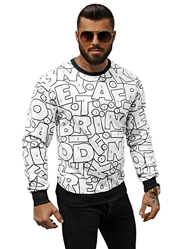 OZONEE Herren Sweatshirt Pullover Langarm Farbvarianten Langarmshirt Pulli ohne Kapuze Baumwolle Baumwollmischung Classic Motiv Rundhals-Ausschnitt Sport 777/7849B/1 WEIß L von OZONEE